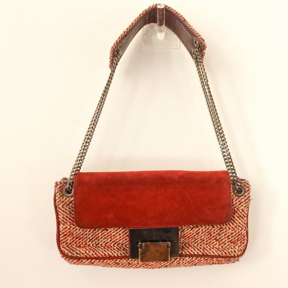 Tweed Bag Shoulder Hobo Handwoven Purse Chain Strap  Red STUART‎ WEITZMAN SPAIN - Picture 1 of 16